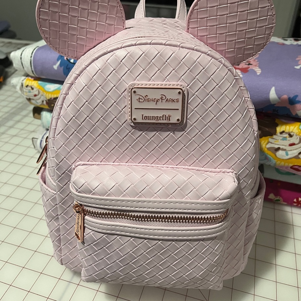 Loungefly Disney Parks Light Pink Woven Look Mickey Ears Backpack
